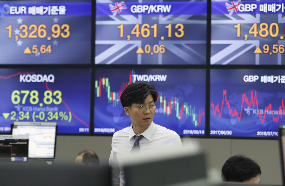 A currency trader watches monitors at the foreign exchange dealing room of the KEB Hana Bank headquarters in Seoul, South Korea, Monday, July 15, 2019. Shares are mixed in Asia, led by gains in Chinese markets after the government reported that the economy grew at the slowest pace in a decade in the last quarter. (AP Photo/Ahn Young-joon)