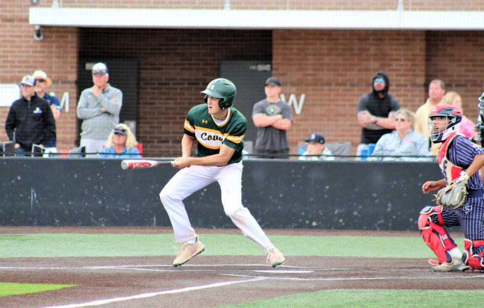 Cohen Glenn of Pueblo County had three hits on the first day including a two-run home run against Riverdale Ridge in the first game of the CHSAA Class 4A state baseball tournament held at UCCS on May 26, 2023.