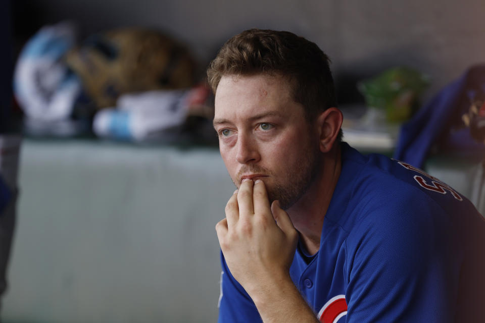 Chicago Cubs starting pitcher Adrian Sampson looks on during the third inning of a baseball game against San Francisco Giants in San Francisco, Sunday, July 31, 2022. (AP Photo/Josie Lepe)