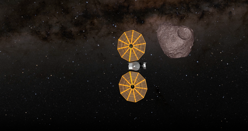 An illustration of the Lucy spacecraft during its flyby of asteroid Dinkinesh.