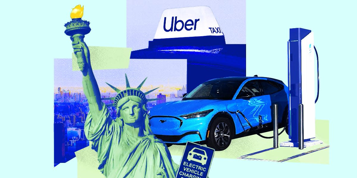 Photo collage featuring the Statue of Liberty, New York City Sky Line, Uber taxi sign and an Electric Vehicle charging station in use