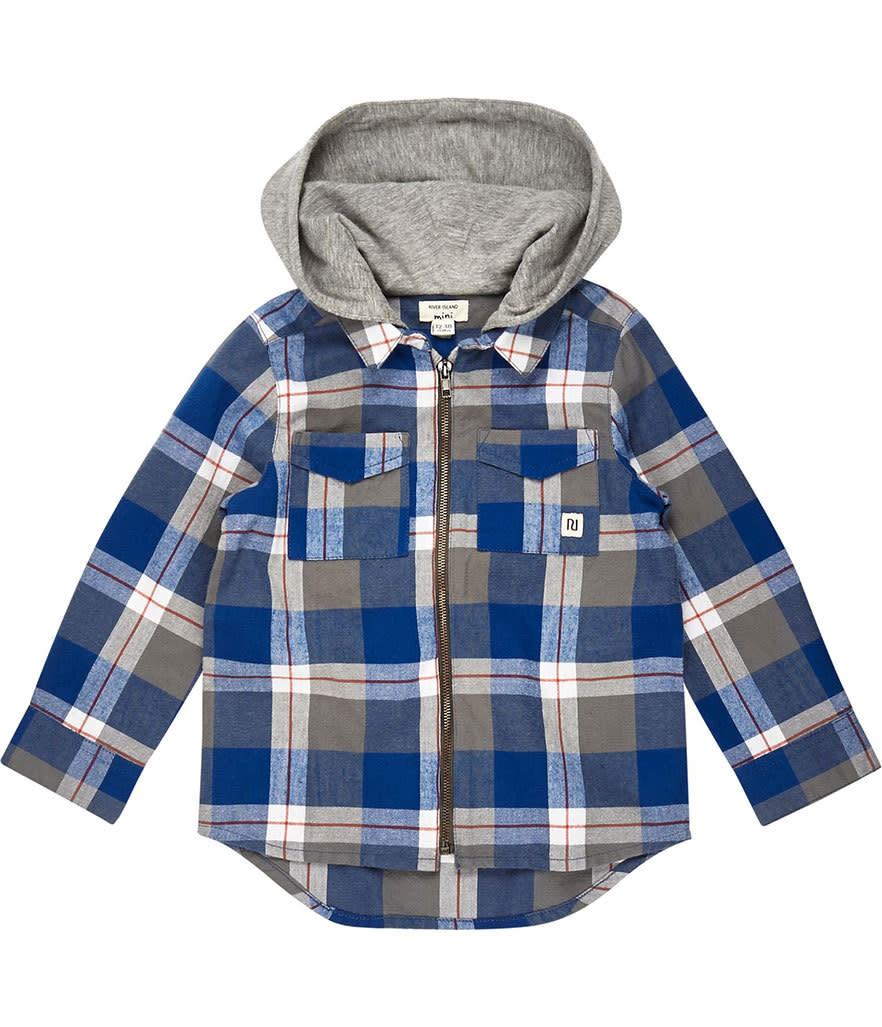 River Island Mini Boys Blue Checked hooded Shirt