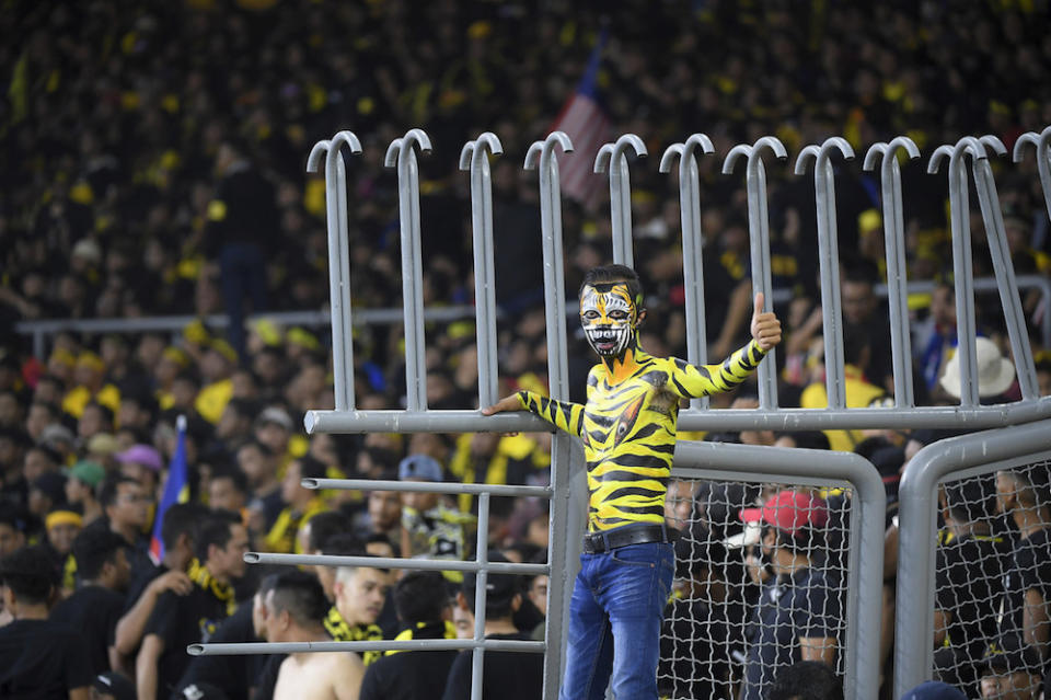 A Harimau Malaya fan is seen during the Qatar 2022 Fifa World Cup qualifying match between Malaysia and Indonesia at Bukit Jalil Stadium November 19, 2019. — Bernama pic