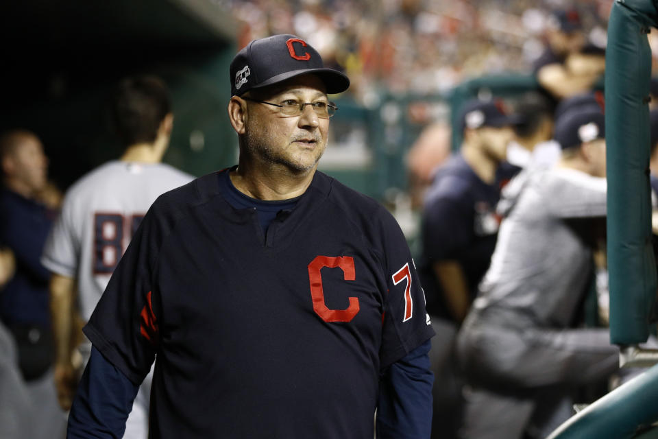 Cleveland Indians manager Terry Francona walks in the dugout in the ninth inning of a baseball game against the Washington Nationals, Friday, Sept. 27, 2019, in Washington. (AP Photo/Patrick Semansky)