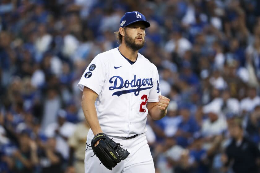 Los Angeles, CA - October 12: Los Angeles Dodgers starting pitcher Clayton Kershaw celebrates after striking out San Diego Padres' Austin Nola during the second inning in game two of the NLDS at Dodger Stadium on Wednesday, Oct. 12, 2022 in Los Angeles, CA.(Robert Gauthier / Los Angeles Times)