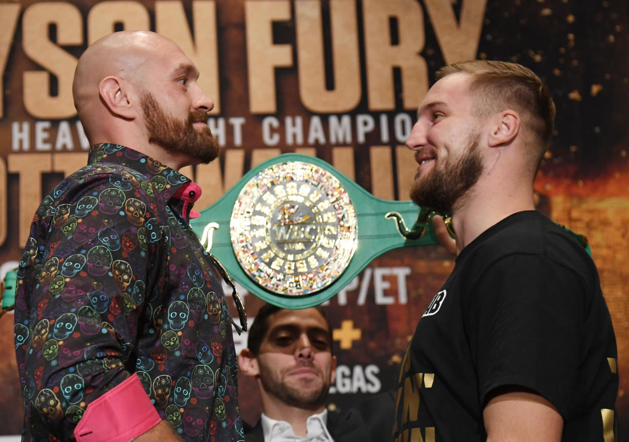 LAS VEGAS, NEVADA - SEPTEMBER 11:  Boxers Tyson Fury (L) and Otto Wallin face off during a news conference at MGM Grand Hotel & Casino on September 11, 2019 in Las Vegas, Nevada. The two will meet in a heavyweight bout on September 14 at T-Mobile Arena in Las Vegas.  (Photo by Ethan Miller/Getty Images)