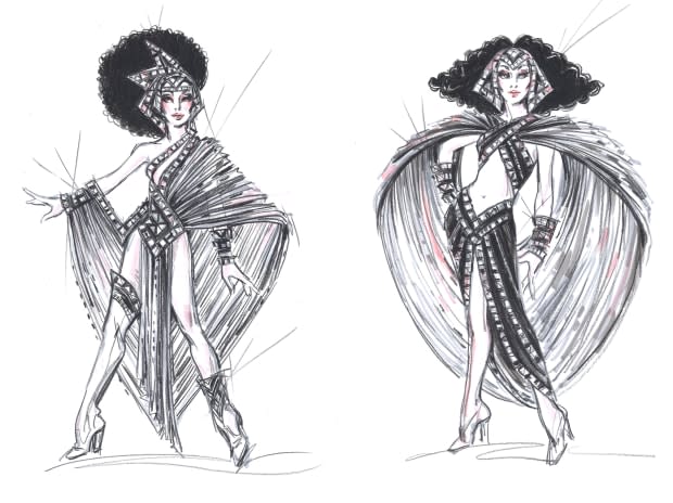 Mackie's last minute finale "Warrior Goddess" looks for Lady (left) and Star (right). Sketches: Courtesy Bob Mackie/'The Cher Show'