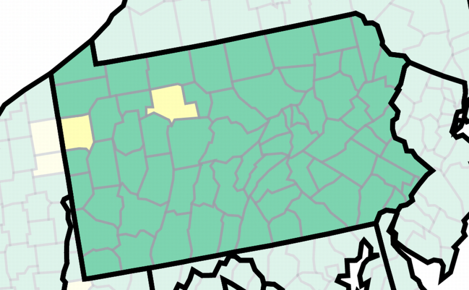 This map of Pennsylvania from the U.S. Centers for Disease Control and Prevention shows COVID-19 community levels by county as of April 14, 2023. Elk and Mercer counties are at medium, or yellow, while the rest are at low, or green.