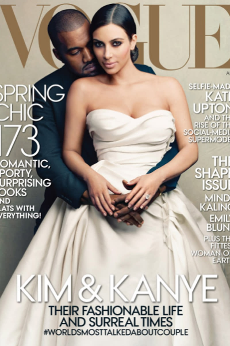 Trotz viel Kritik gegen den Reality-Star Kim Kardashian schaffte sie es zusammen mit ihrem Mann Kanye West im April 2014 ebenfalls auf das Cover der Mode-Bibel "Vogue". Die Entscheidung für das Paar löste in der Fashion-Industrie eine echte Kontroverse aus, doch die Verkaufszahlen gaben den Verantwortlichen Recht. Es wurden rund 500.000 Exemplare verkauft. (Bild-Copyright: Vogue)