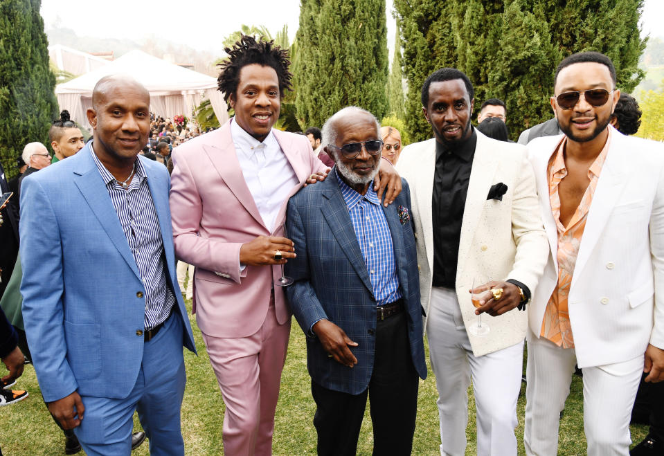 LOS ANGELES, CALIFORNIA - JANUARY 25: (L-R) Alex Avant, Jay-Z, Clarence Avant, Sean Combs and John Legend attends 2020 Roc Nation THE BRUNCH on January 25, 2020 in Los Angeles, California. (Photo by Kevin Mazur/Getty Images for Roc Nation)