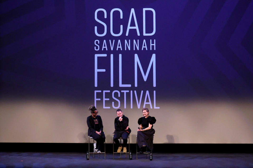 Moderator Jacqueline Coley, production designer James Price and costume designer Holly Waddington (dressed on-theme) at the 26th SCAD Savannah Film Festival.<p>Photo: Dia Dipasupil/Getty Images for SCAD</p>