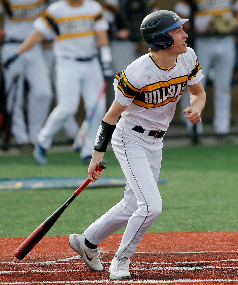 Hillsdale High School's Nick Kandel (6) bats against Plymouth High School during high school baseball action Thursday, April 27, 2023 at Hillsdale High School. TOM E. PUSKAR/ASHLAND TIMES-GAZETTE