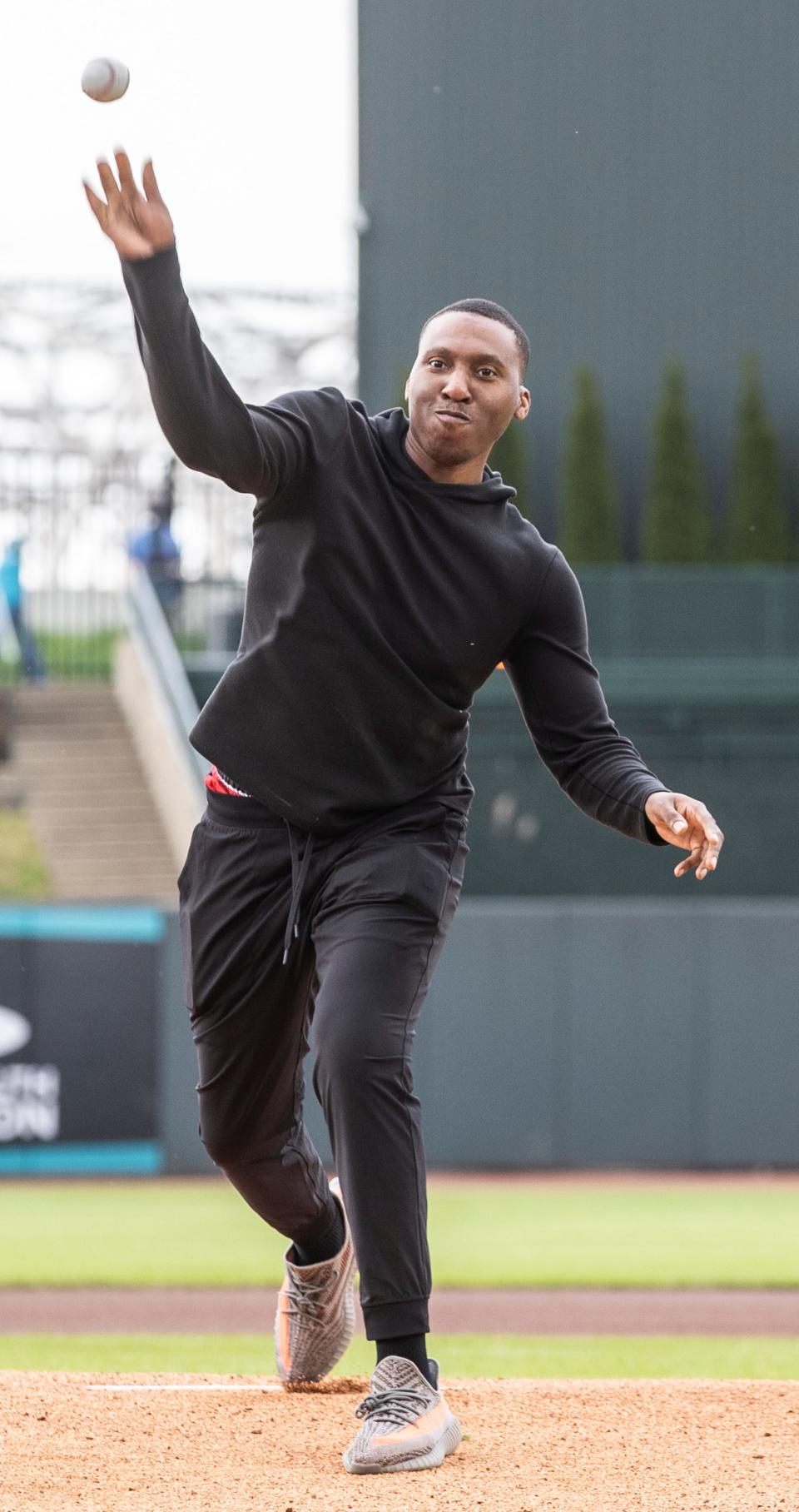 University of Louisville assistant basketball coach Nolan Smith threw out the first pitch at the Louisville Bats game. Nolan's father Derek played for the University on the 1986 National Championship team. April 21, 2022