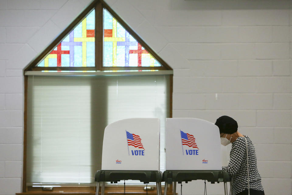 Bernice Kinlock votes at Bayside Presbyterian Church in Virginia Beach, Va., on Tuesday, June 8, 2021, as Virginia holds several primary elections for state and local offices. While the Democratic race for governor has attracted the most attention, Democrats are also choosing nominees for other statewide offices in Tuesday’s primary election. Both Democrats and Republicans are choosing nominees for some House of Delegates seats and local races. (Trent Sprague/The Virginian-Pilot via AP)