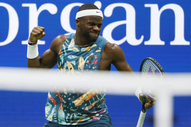 Frances Tiafoe celebrates after scoring match point against defeating Sebastian Ofner of Austria in a second-round match at the 2023 U.S. Open at the USTA Billie Jean King National Tennis Center on Wednesday in Flushing, N.Y. Photo by John Angelillo/UPI