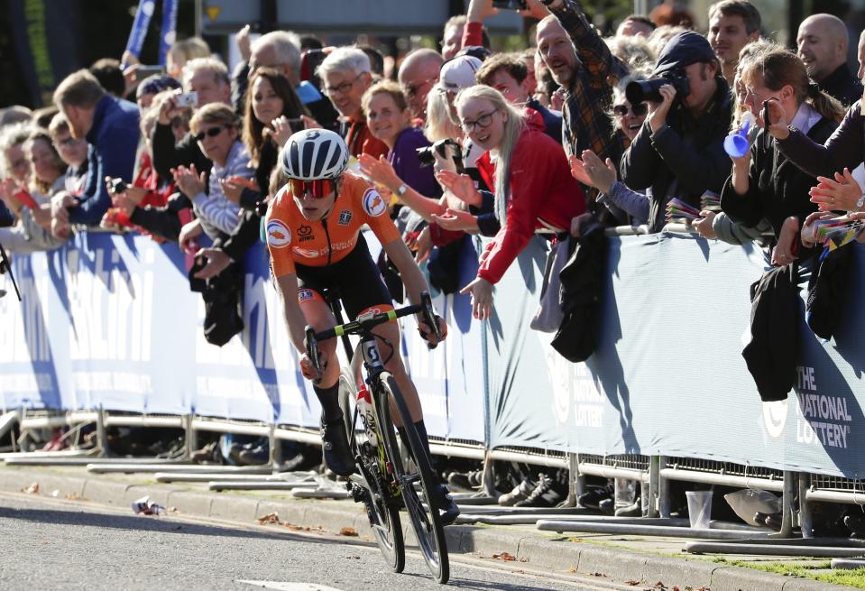 Dutch rider Annemiek van Vleuten pedals on her way to win the women elite race, at the road cycling World Championships in Harrogate, England, Saturday, Sept. 28, 2019. (AP Photo/Manu Fernandez)