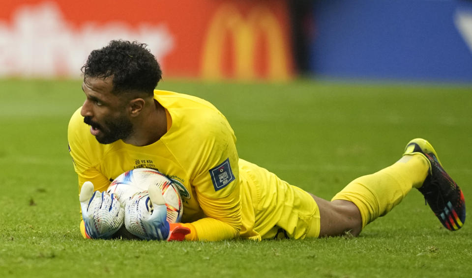 Saudi Arabia's goalkeeper Mohammed Al-Owais during the World Cup group C soccer match between Argentina and Saudi Arabia at the Lusail Stadium in Lusail, Qatar, Tuesday, Nov. 22, 2022. (AP Photo/Ebrahim Noroozi)