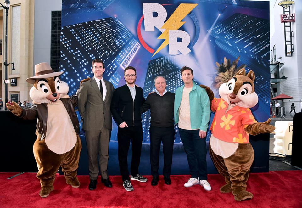 John Mulaney, Akiva Schaffer, Alan Bergman and Andy Samberg, with the characters Chip and Dale - Credit: Alberto E. Rodriguez/Getty Images for Disney