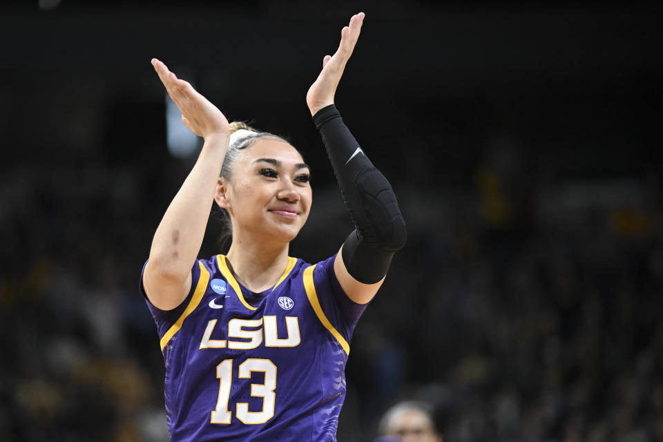 LSU guard Last-Tear Poa (13) reacts during the fourth quarter of a Sweet Sixteen round college basketball game against UCLA during the NCAA Tournament, Saturday, March 30, 2024, in Albany, N.Y. (AP Photo/Hans Pennink)