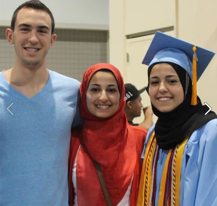 Deah Shaddy Barakat, right, his wife Yusor Abu-Salha, and her sister, Razan Mohammad Abu-Salha, in an undated Facebook photo.