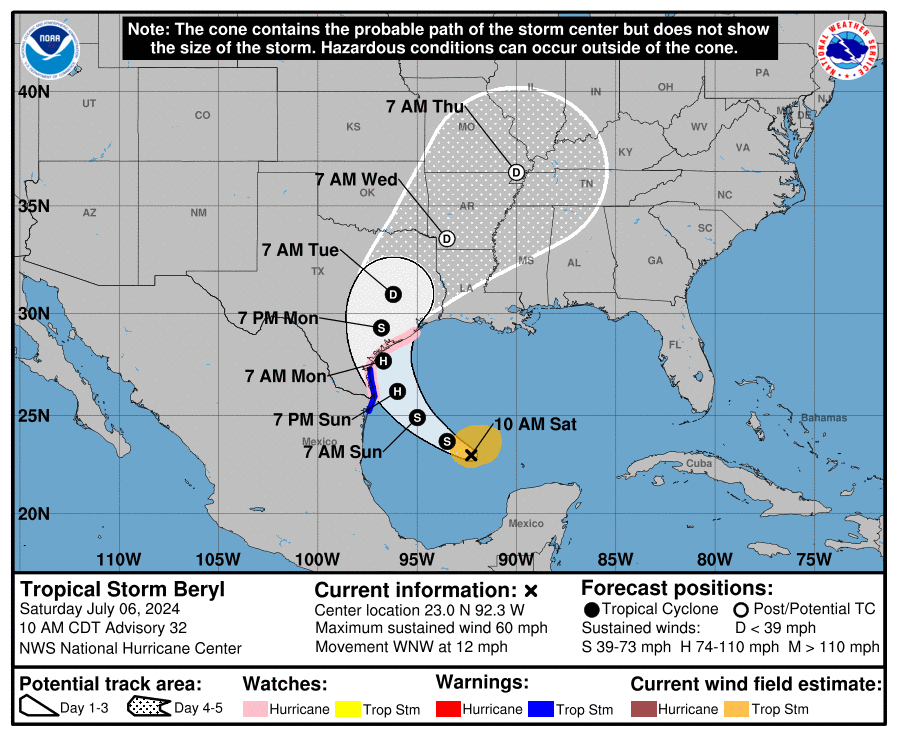 A forecast for Tropical Storm Beryl from 10 a.m. Saturday, July 6, 2024.