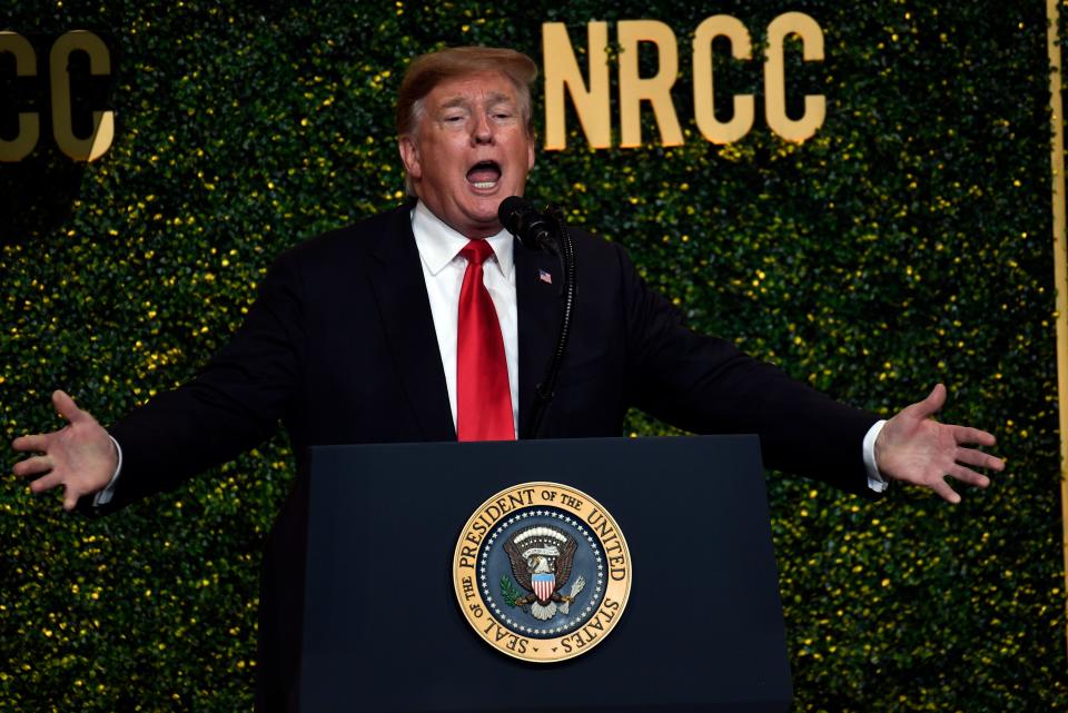 President Donald Trump speaks at the National Republican Congressional Committee's annual spring dinner in Washington, April 2, 2019.