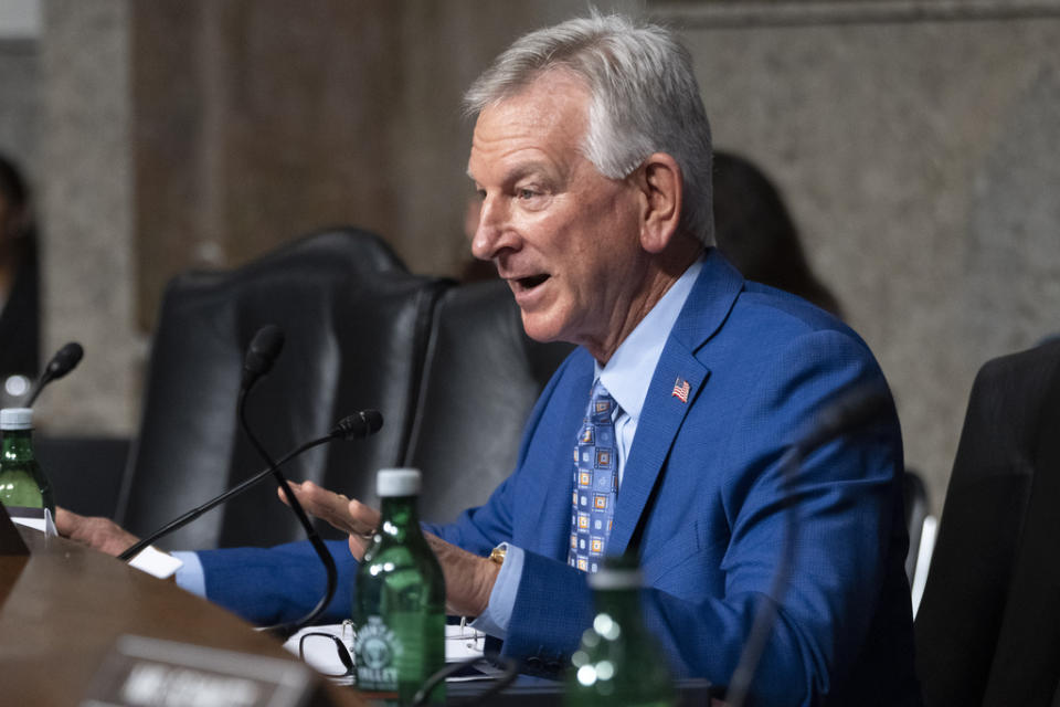 Sen. Tommy Tuberville, R-Ala., questions Navy Adm. Lisa Franchetti during a Senate Armed Services Committee hearing on her nomination for reappointment to the grade of admiral and to be Chief of Naval Operations, Thursday, Sept. 14, 2023, on Capitol Hill in Washington. (AP Photo/Jacquelyn Martin)