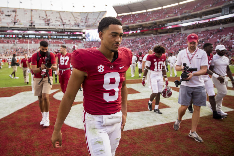 Alabama quarterback Bryce Young (9) walks off the field victorious after an NCAA college football game against Mercer, Saturday, Sept. 11, 2021, in Tuscaloosa, Ala. (AP Photo/Vasha Hunt)