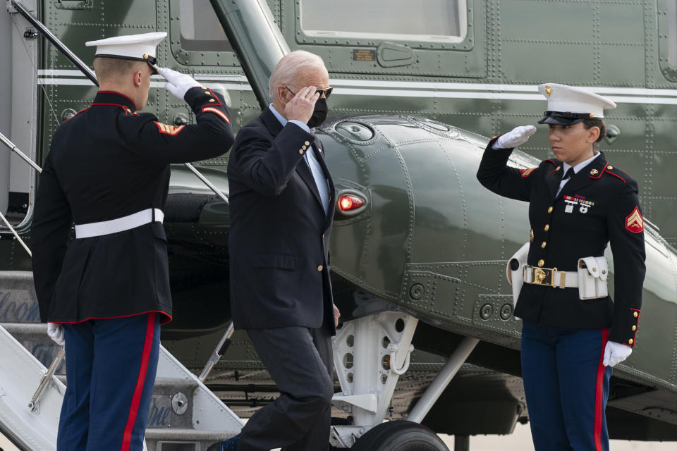 President Joe Biden salutes as he steps off Marine One before boarding Air Force One upon departure, Wednesday, June 9, 2021, at Andrews Air Force Base, Md. Biden is embarking on the first overseas trip of his term, and is eager to reassert the United States on the world stage, steadying European allies deeply shaken by his predecessor and pushing democracy as the only bulwark to the rising forces of authoritarianism. (AP Photo/Alex Brandon)