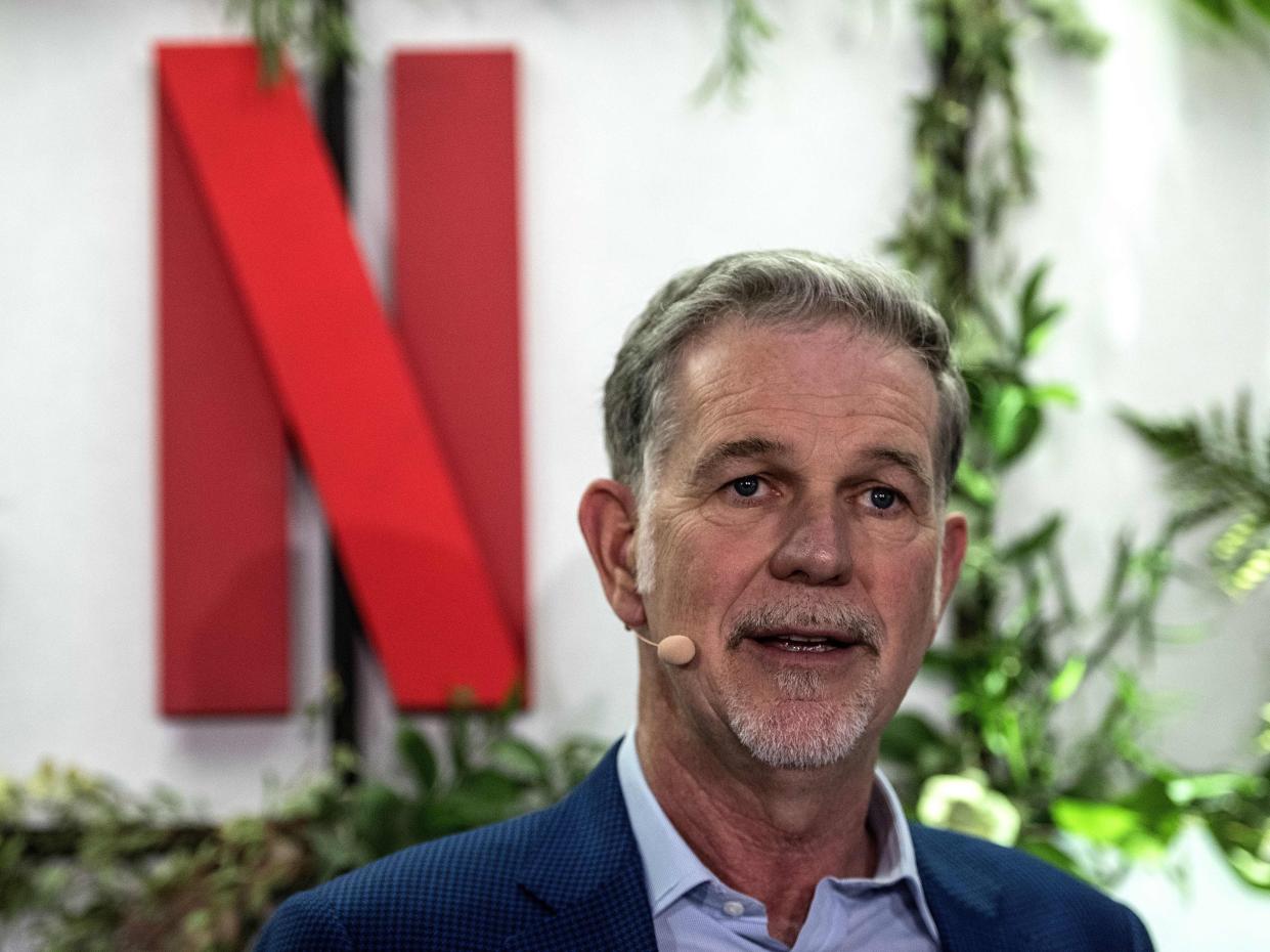 <p>Co-founder and director of Netflix Reed Hastings delivers a speech as he inaugurates the new offices of Netflix France, in Paris on 17 January, 2020</p> (AFP via Getty Images)