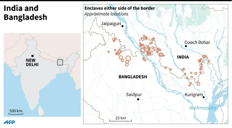 Map locating enclaves in either side of the border between India and Bangladesh