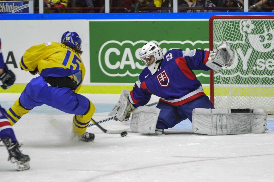 Sweden's Sebastian Collberg, left, attempts to score past Slovakia's goalie Richard Sibol, during the World Junior Hockey Championships quarter final between Sweden and Slovakia at the Malmo Arena in Malmo, Sweden on Thursday, Jan. 2, 2014. (AP Photo / TT News Agency / Ludvig Thunman) SWEDEN OUT