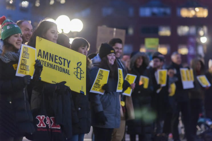 Protesters gather in Union Square Park in New York on Feb. 3, 2017, to express their displeasure with President Trump’s executive orders relating to a ban on certain Muslims entering the country and his plans to build a wall between the United States and Mexico. (Photo: Richard B. Levine/Levine Roberts/Newscom via ZUMA Press)