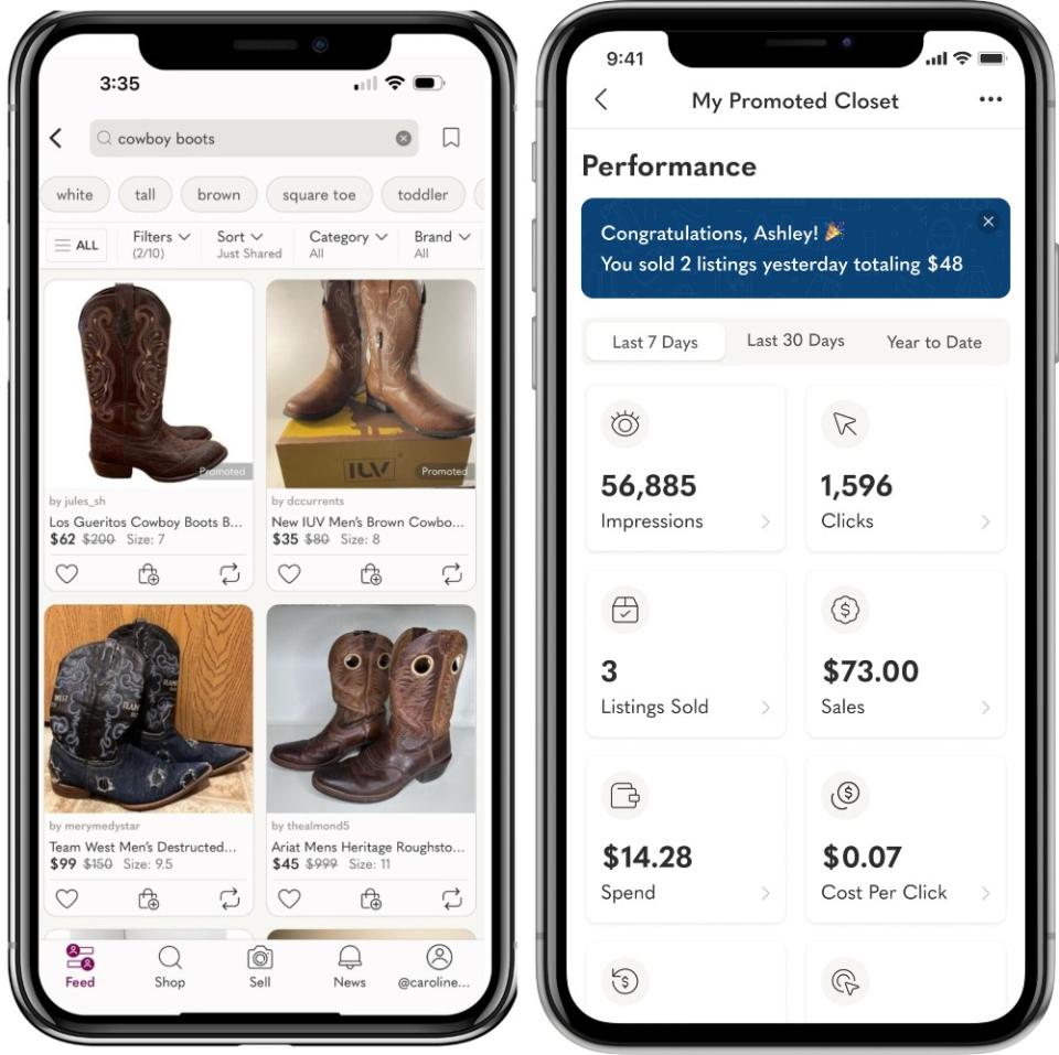 Left: Machine learning ranks listings based on the likelihood of converting to sales. Right: Sellers can monitor their marketing spend in the Poshmark app.