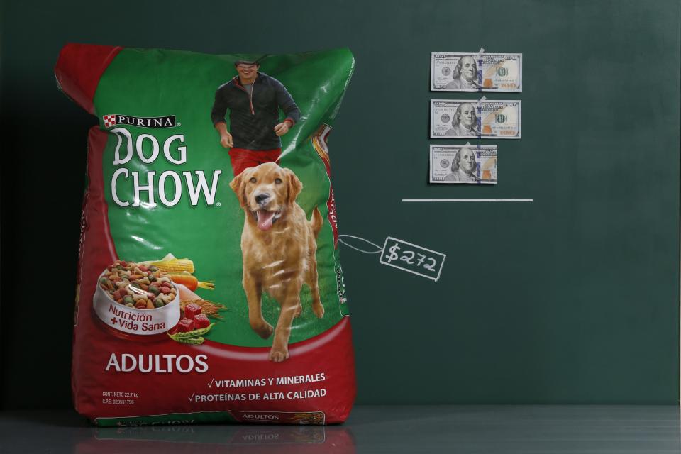 A 50 lb. (22.7 kg) bag of Purina Dog Chow as photographed with an illustrative price tag of $272 in Caracas