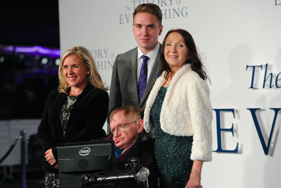 Professor Hawking with, from left, daughter Lucy, son Timothy and first wife Jane (Picture: Rex)