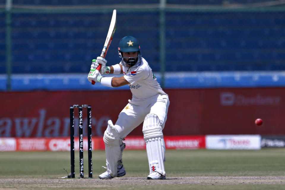 Pakistan's Mohammad Rizwan bats on the fifth day of the second test match between Pakistan and Australia at the National Stadium in Karachi Pakistan, Wednesday, March 16, 2022. (AP Photo/Anjum Naveed)