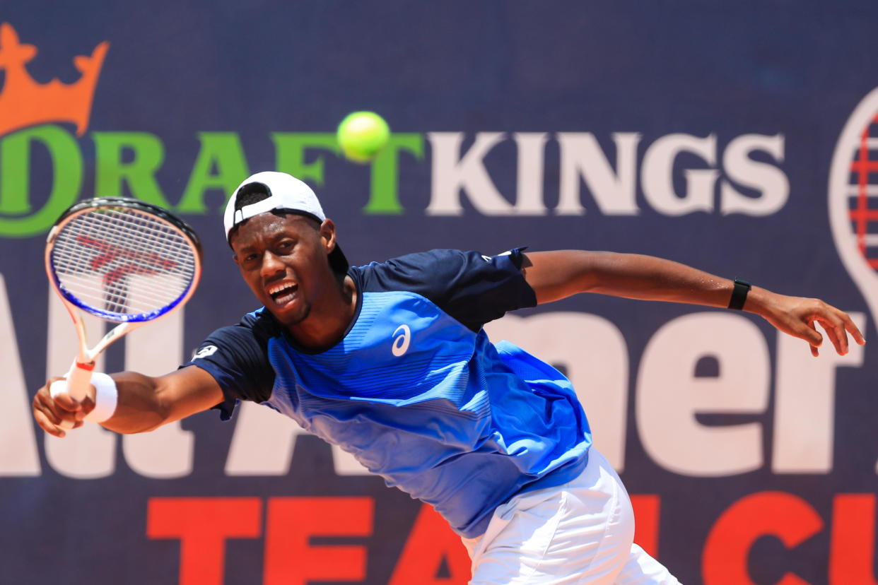 Christopher Eubanks returns the ball against John Isner during the final day of the DraftKings All-American Team Cup on July 5, 2020 in Atlanta. (Photo by Carmen Mandato/Getty Images)