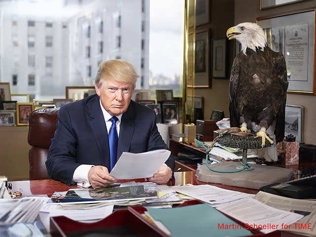 Donald Trump is on the cover of <em>Time</em> magazine, and the headline reads: "Deal with it." The Republican presidential hopeful poses with a bald eagle, the emblem of the United States, for his spread in the news publication. Time Inc. Magazine Company And Trump doesn't hold back, saying how he really feels about his political constituents. <strong>WATCH: Josh Groban Hilariously Sings Donald Trump's Tweets</strong> "Look, I was just as disappointed in the Republicans as I am the Democrats. I mean at least the Democrats you know where they’re coming from," the 69-year-old businessman said. "It’s almost like when they get to Washington, I will not let this happen to me, they’re so enamored with the magnificence that they sort of say, 'Oh, we can’t do this. We can’t do that.' They become different. Does that make sense?" <strong> WATCH: Can Donald Trump Pull Off a Presidential Campaign? An Inside Look at His Strategy </strong> He added of his opponents, "They’re puppets. I’m the only non-puppet in the group." The former <em>Celebrity Apprentice</em> star, whose net worth is estimated to be nearly $9 billion, also feels that politician's need to obtain campaign funds can change how they govern. "It's the rare politician that can do what's right in the face of massive contributions," he said. <strong>MORE: Donald Trump -- Rosie O'Donnell 'Actually Saved Me'</strong> Trump went on to answer questions regarding how his daughters, Ivanka and Tiffany Trump, feel about their father's presidential aspirations. Time Inc. Magazine Company "Ivanka was interesting because I'm very strong on women’s health issues. And I couldn't believe what [Jeb] Bush said last week about he wouldn’t fund, essentially wouldn’t fund women’s health issues. And I hit him hard," Trump said. "And she came back and she said, 'I’m so glad you did that Dad, because people don’t know how you respect women, they don’t know how you get it, and you have to get that word out.'" <strong> MORE: 7 of the Most Ridiculous Things Donald Trump Said During the GOP Debate </strong> Not long after announcing his presidential run, Trump sat down with ET to defend his controversial remarks made about Mexican immigrants. "I don't have a racist bone in my body," Trump said, defending himself against accusations of racism. "The fact that I want a strong border and the fact that I don't want illegal immigrants pouring into this country, that doesn't make me a racist, it means I love this country and I want to save this country."