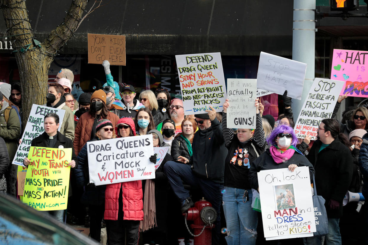 Pro- and anti-drag queen protestors gather outside of Sidetrack Bookshop in Royal Oak, Mich. (Jeff Kowalsky / AFP via Getty Images file )