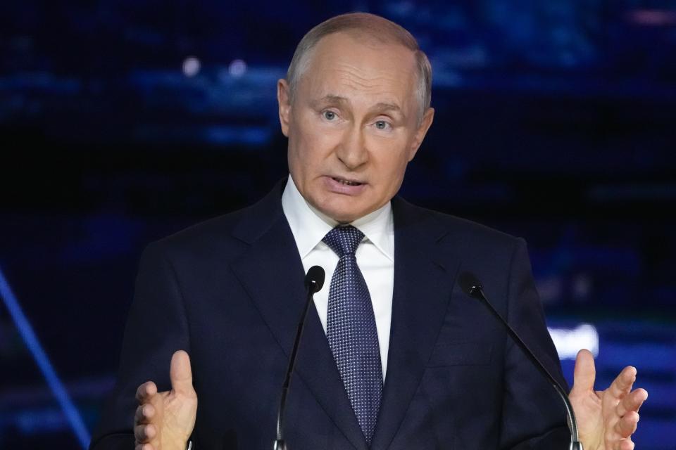 FILE - In this Sept. 3, 2021, file photo, Russian President Vladimir Putin gestures as he delivers his speech during a plenary session at the Eastern Economic Forum in Vladivostok, Russia. The embattled opposition groups admit the Kremlin has left them few options and resources ahead of the Sept. 19 election that is widely seen as a key to Putin’s effort to cement his hold on power. But they still hope to erode the dominance of the ruling United Russia party in the State Duma, or parliament. (AP Photo/Alexander Zemlianichenko, Pool, File)