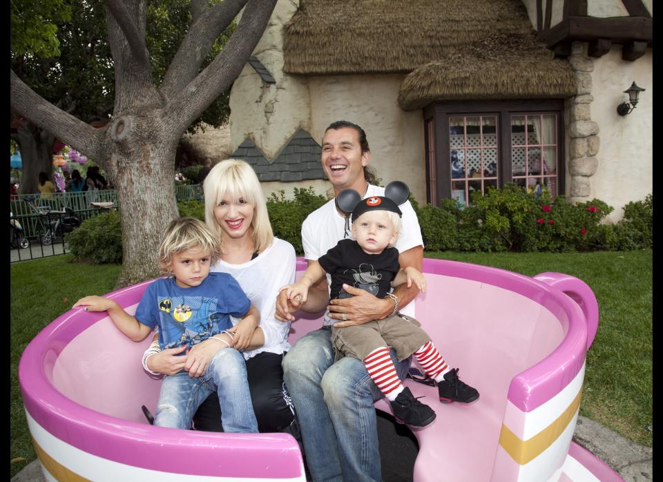 Gwen Stefani and Gavin Rossdale, with their children, Kingston, 4, and Zuma, 1, visit the Mad Tea Party attraction at Disneyland on July 7, 2010 in Anaheim, California.      (Photo by Paul Hiffmeyer/Disneyland via Getty Images)