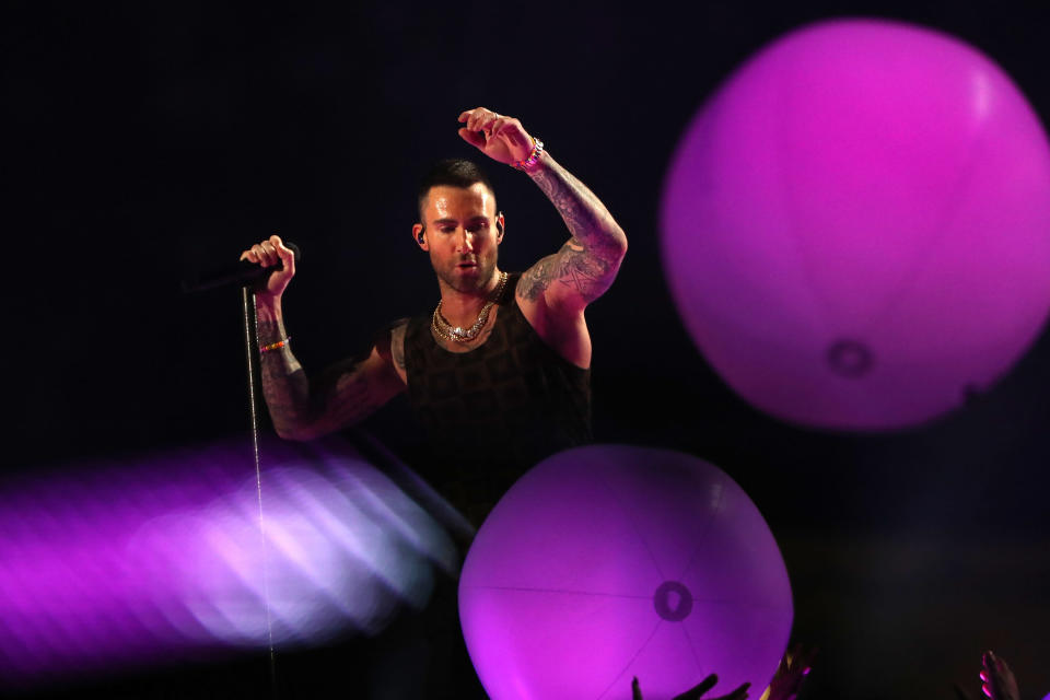 <p>Adam Levine and Maroon 5 perform during the Pepsi Super Bowl LIII Halftime Show at Mercedes-Benz Stadium on February 3, 2019 in Atlanta, Georgia. (Photo by Jamie Squire/Getty Images) </p>