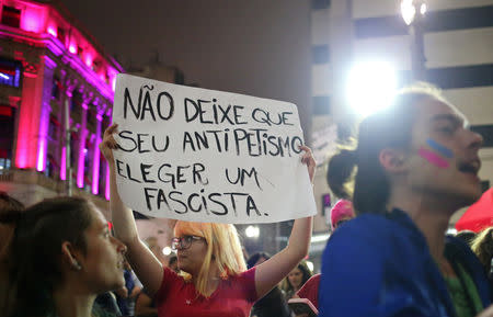 Demonstrators shout slogans against Jair Bolsonaro, far-right lawmaker and presidential candidate of the Social Liberal Party (PSL), during a protest called "against fascism" in Sao Paulo, Brazil October 11, 2018. The poster reads: "Don't allow your anti-Workers Party (PT) to elect a fascist." REUTERS/Amanda Perobelli