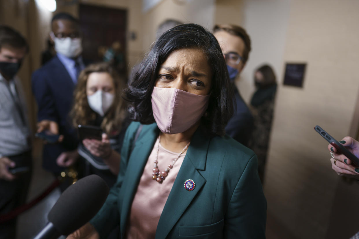 Rep. Pramila Jayapal, D-Wash., chair of the Congressional Progressive Caucus, updates reporters after meeting with Speaker of the House Nancy Pelosi and fellow Democrats as President Joe Biden's $1.75 trillion domestic policy package remains in limbo, at the Capitol in Washington, Tuesday, Nov. 2, 2021. (AP Photo/J. Scott Applewhite)