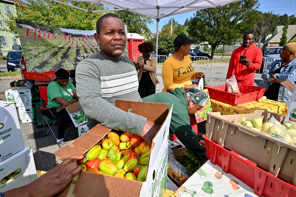 Barnabas Forndia of Lancaster watches the activity at the REC Community Farmers Market at Beaver Brook Park on Friday.