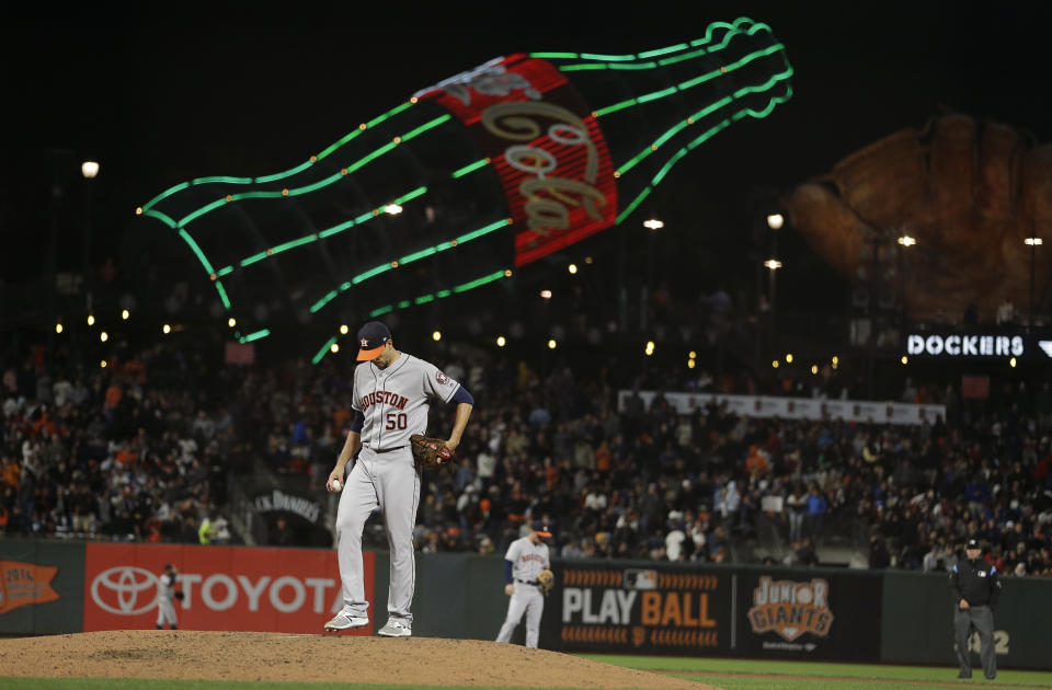 Houston Astros starting pitcher Charlie Morton stands on the mound after giving up a home run to the San Francisco Giants' Brandon Crawford in the sixth inning of a baseball game Monday, Aug. 6, 2018, in San Francisco. (AP Photo/Eric Risberg)