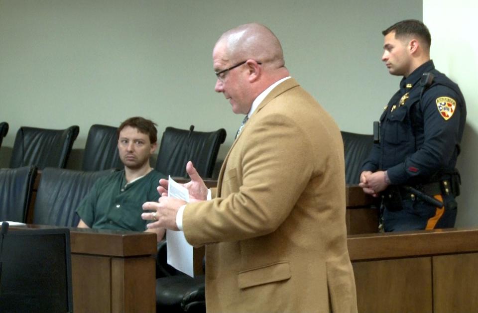 Monmouth County Assistant Prosecutor Michael Luciano speaks during the sentencing for Kenneth H. Knapp Jr., before Judge Henry P. Butehorn at the Monmouth County Courthouse in Freehold Thursday, April 18, 2024. Knapp had earlier pled guilty to the aggravated manslaughter of his father, Kenneth Knapp Sr., and desecrating his remains.