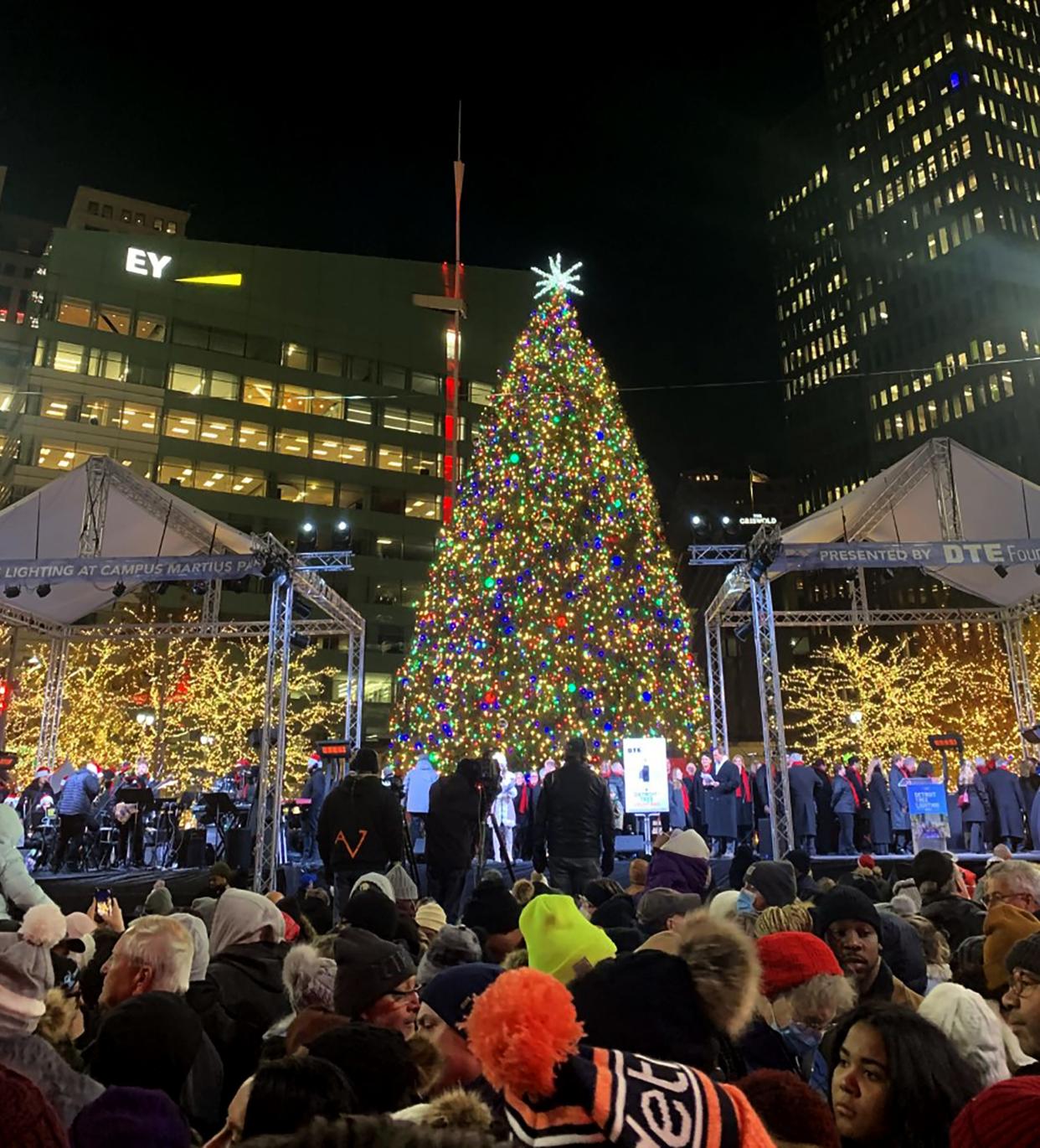 Hundreds attended the annual Christmas tree lighting was held at Campus Martius on Nov.19, 2021. The event featured food trucks and entertainment on the ice rink and stage.