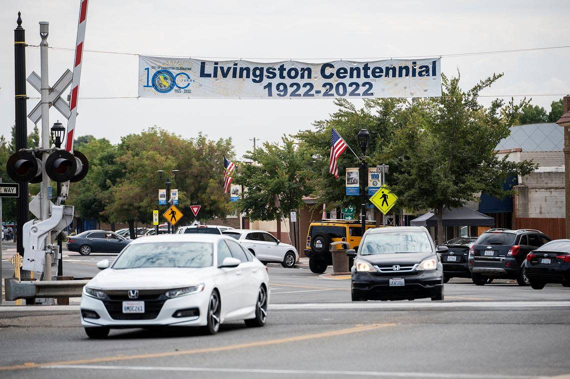 A banner celebrating the City of Livingston’s 100th anniversary is displayed above North Mains Street in Livingston, Calif., on Sunday, Sept. 11, 2022.